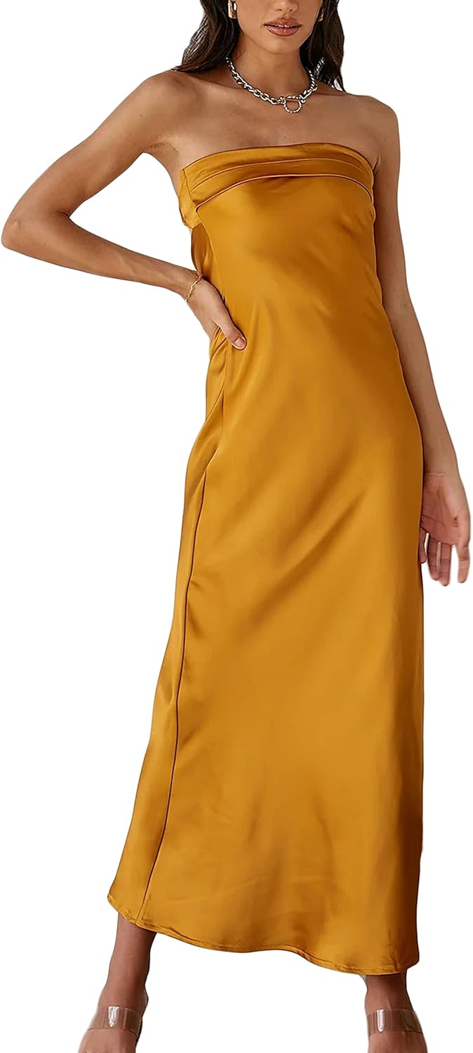 Realtix Satin Silk Backless Tube Tops Maxi Dress for Women