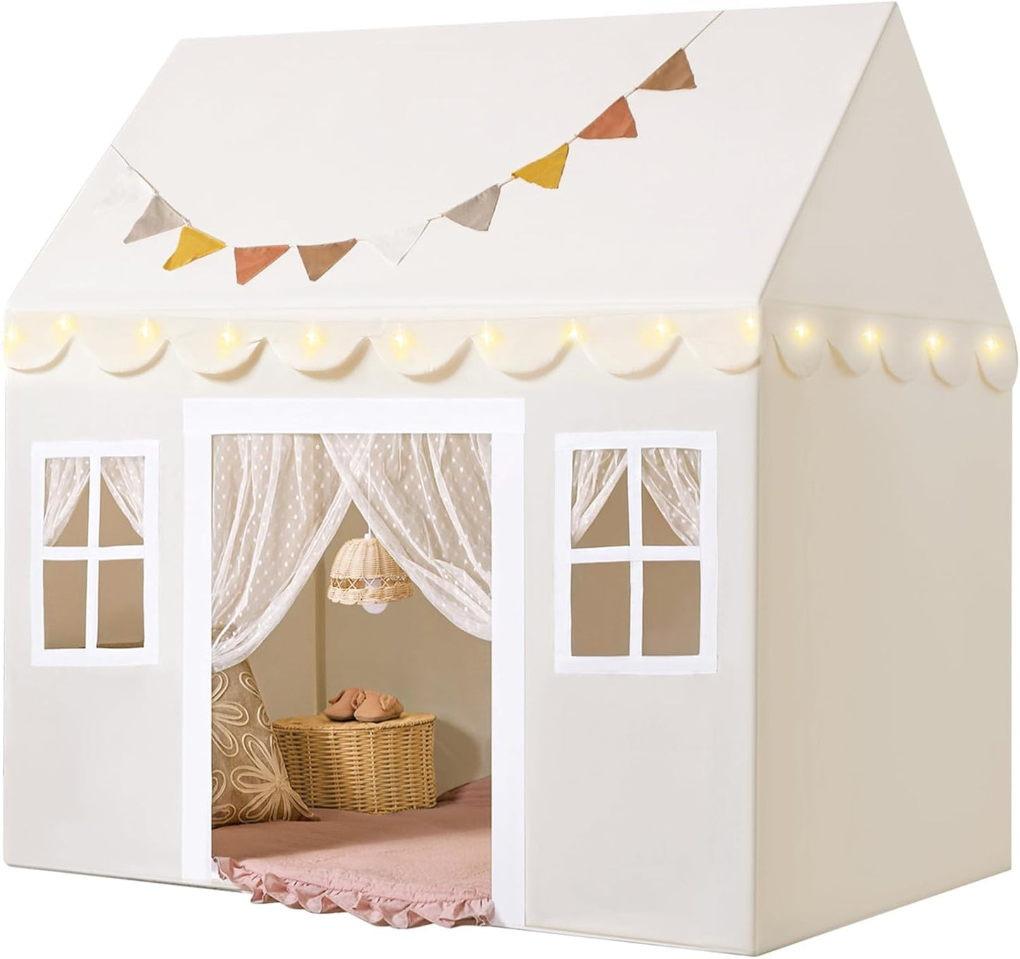 Cozy LED Kids Play Tent Set, Neutral Color, Padded Mat - TINY LAND INC