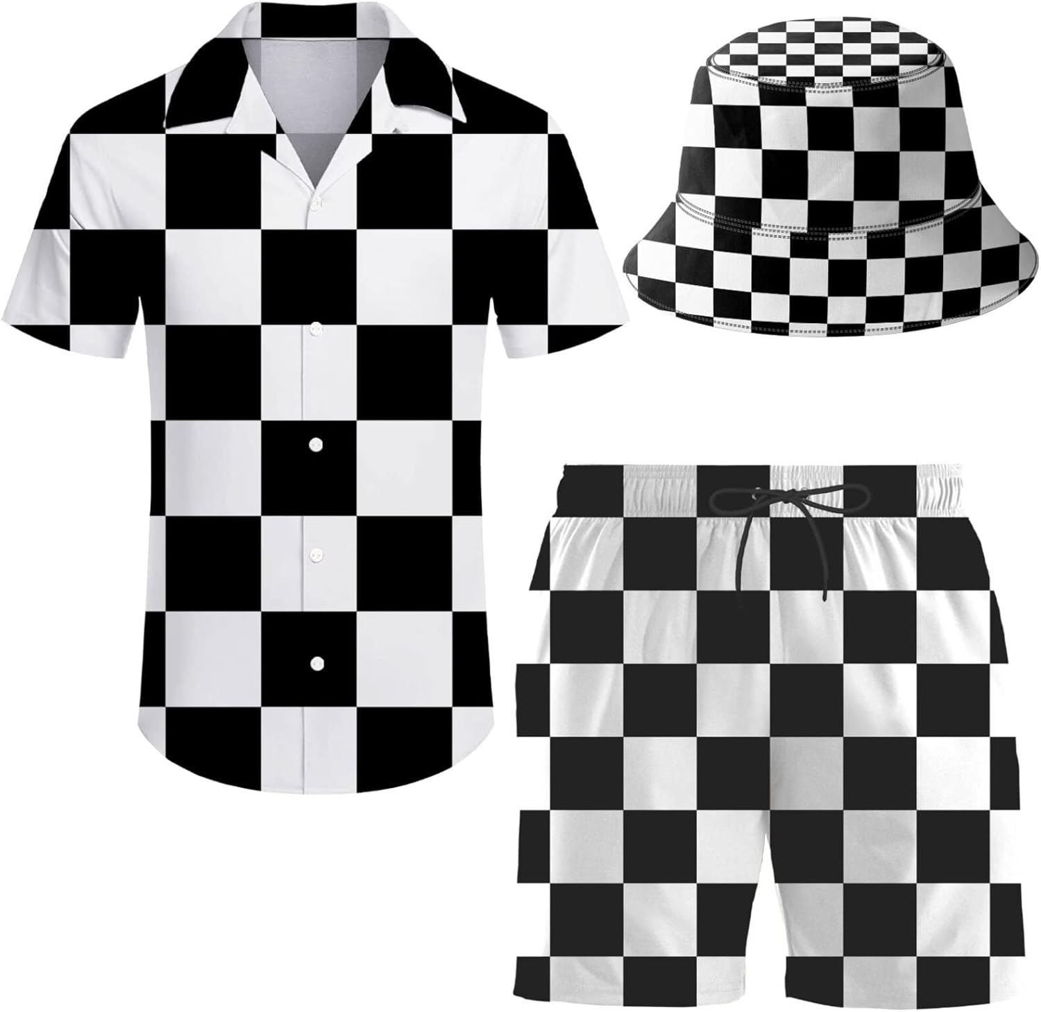 Men's Hawaiian Shirt and Shorts Set with Bucket Hat for Summer