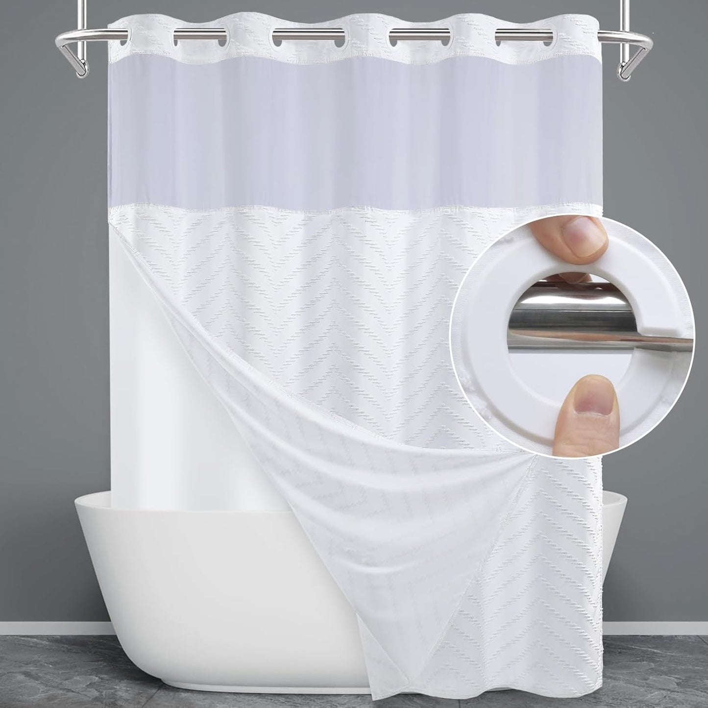 Long No Hook Shower Curtain Set with Snap in Liner for Bathroom