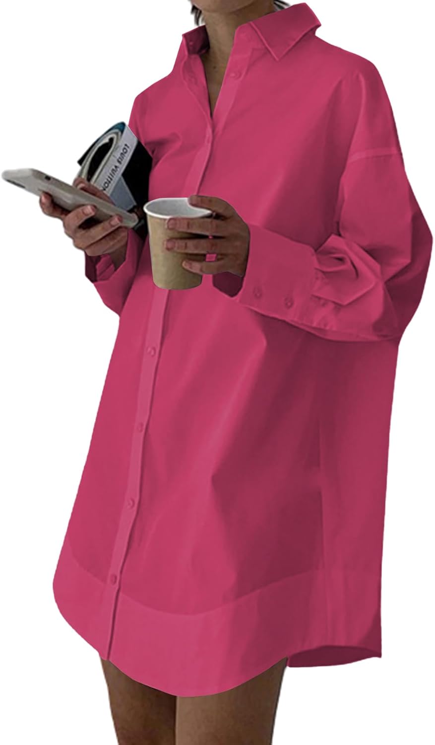 LYANER Women's Casual Shirt Dress with Collar V Neck Design