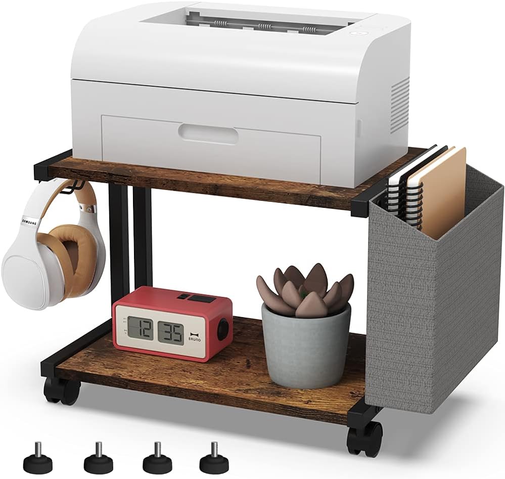 2 Tier Rustic Brown Wooden Under Desk Printer Stand Organizer