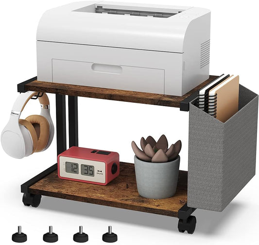 2 Tier Rustic Brown Wooden Under Desk Printer Stand Organizer