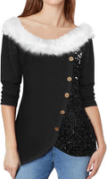 Womens Christmas Sequin Sweaters with Faux Fur Trim V Neck 3/4 Sleeve