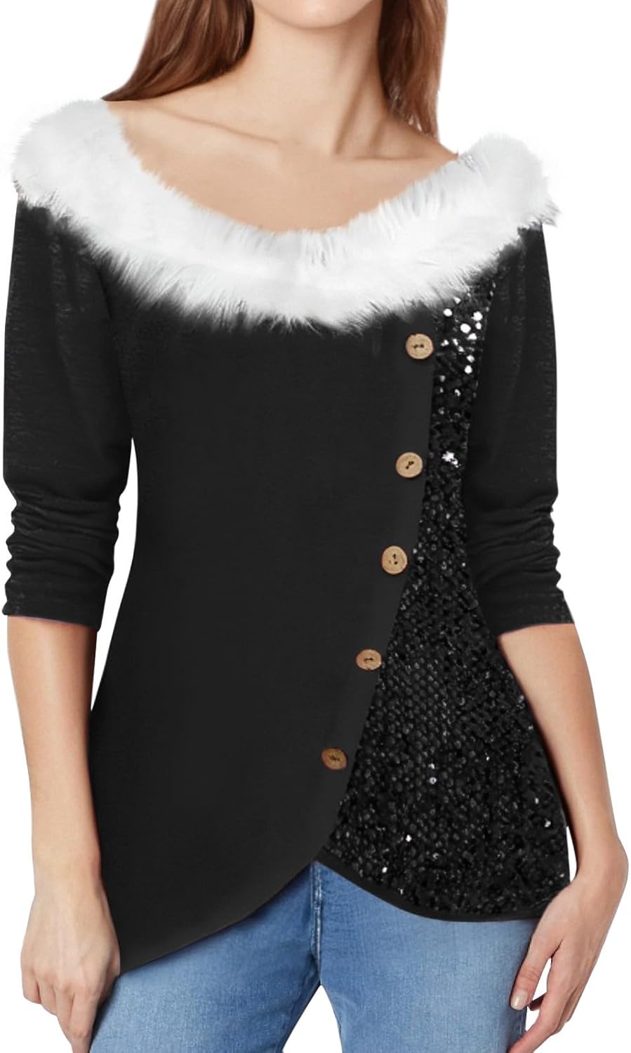 Sparkling Sequin Christmas Sweater - Faux Fur Trim - Trendy V Neck - 3/4 Sleeve