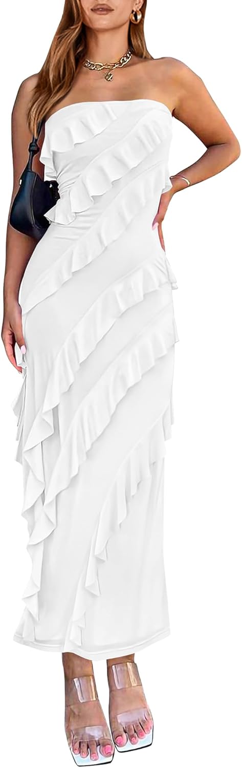 Elegant Strapless Midi Ruched Bodycon Dress for Women