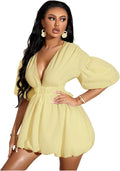 WDIRARA Women's Deep V Neck Puff Sleeve High Rise Flare Dress