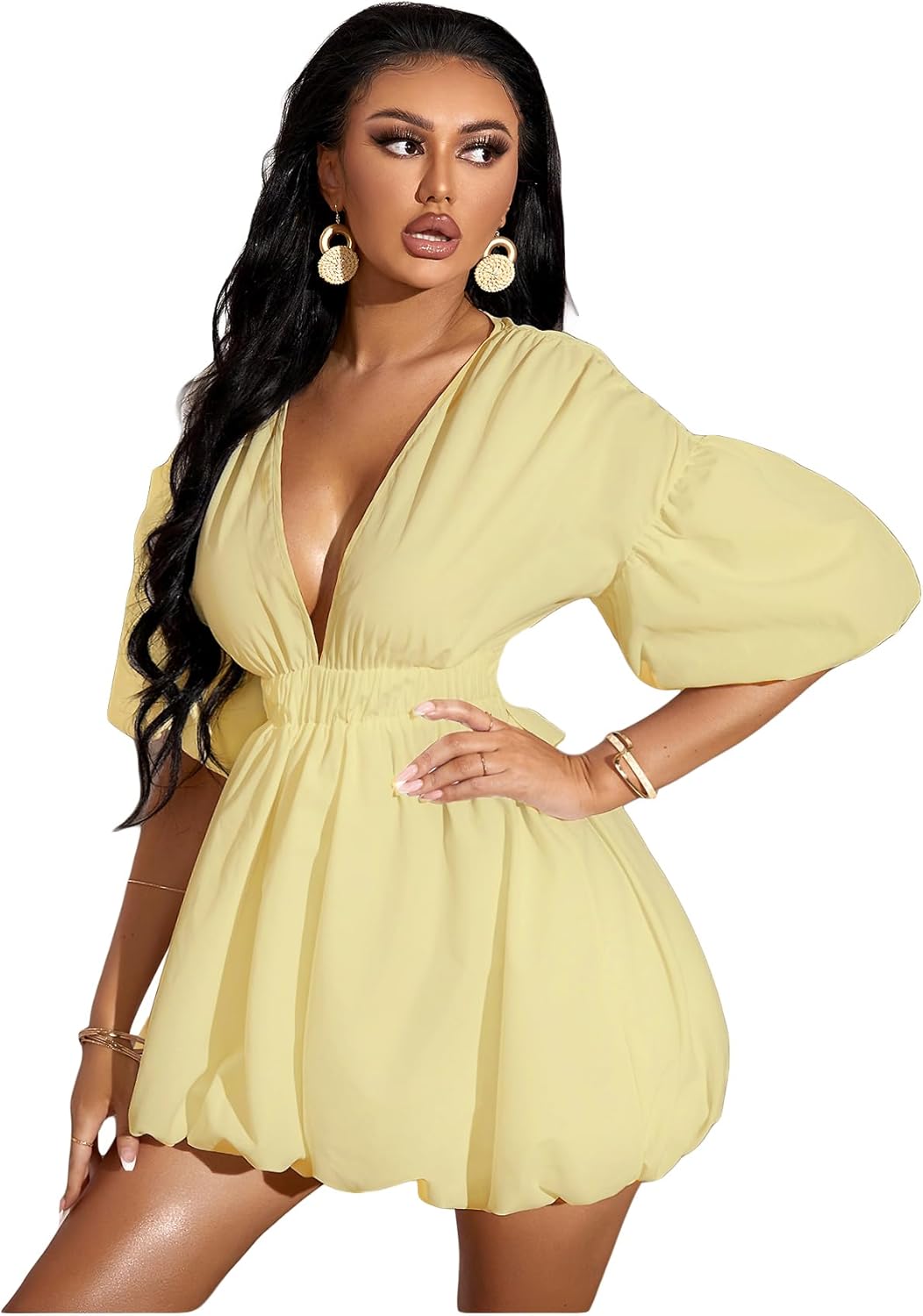 WDIRARA Women's Deep V Neck Puff Sleeve High Rise Flare Dress