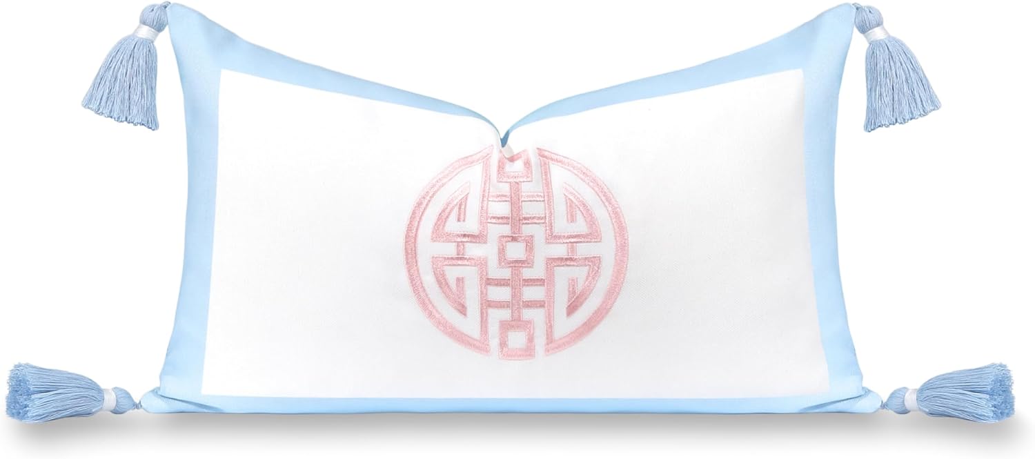 Coastal Grandmillennial Lumbar Pillow Cover for Indoor Outdoor Use