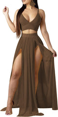 Women Chiffon 2 Piece Outfits Dress Set - Deep V High Split