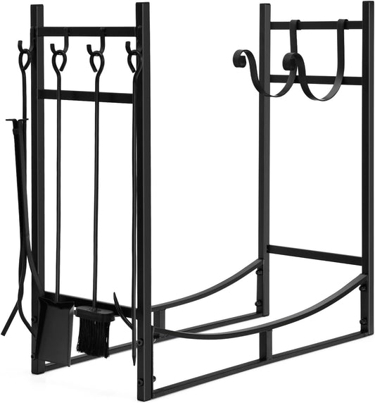 Goplus Firewood Rack Indoor with 4-Piece Fireplace Tools Set