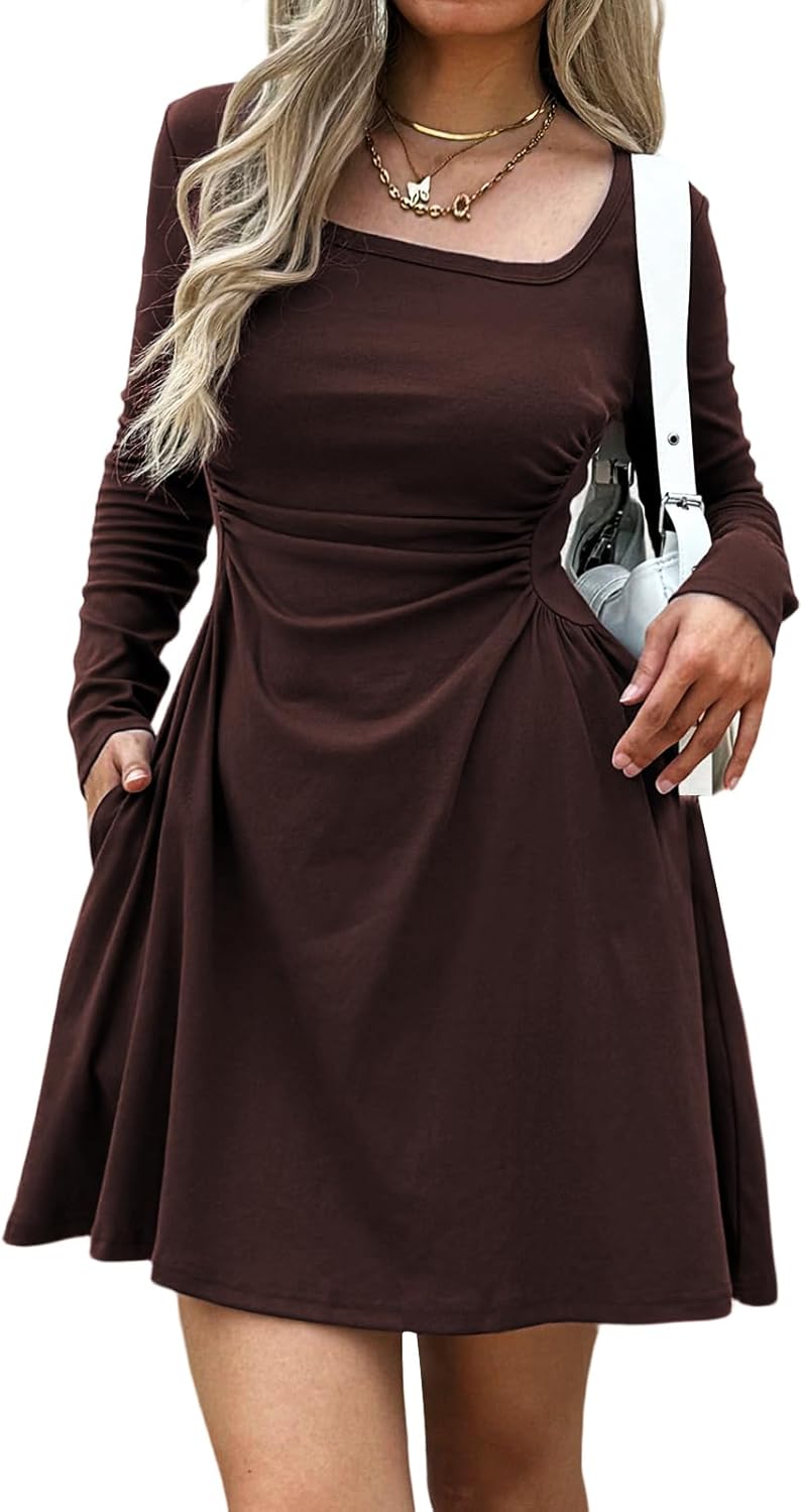 Women's Square Neck Long Sleeve Mini Dress with Pockets