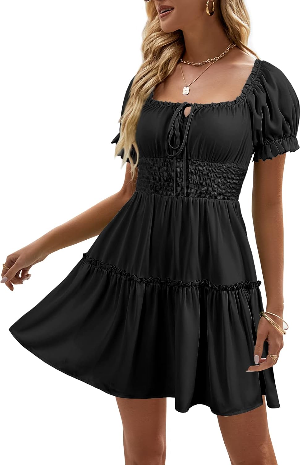 Heysolo Womens Boho Floral Smocked Square Neck Mini Dress