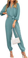 Women's V Neck Long Sleeve Jumpsuit Romper - Belted Pockets