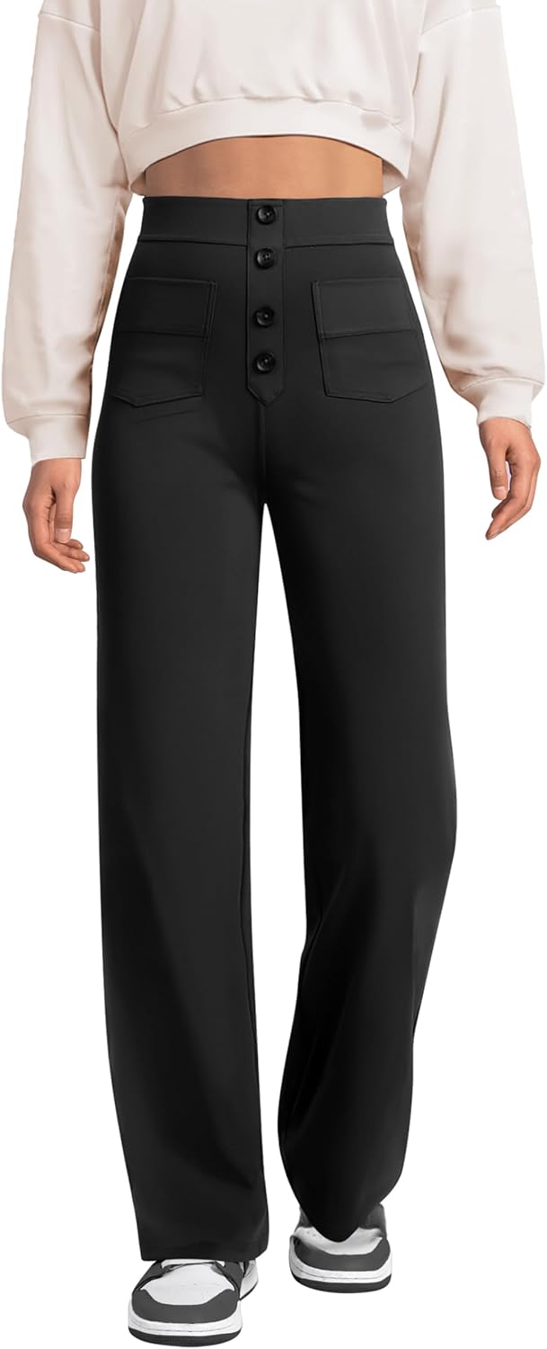 High Waisted Straight Leg Pants, Business Casual, Multiple Pockets