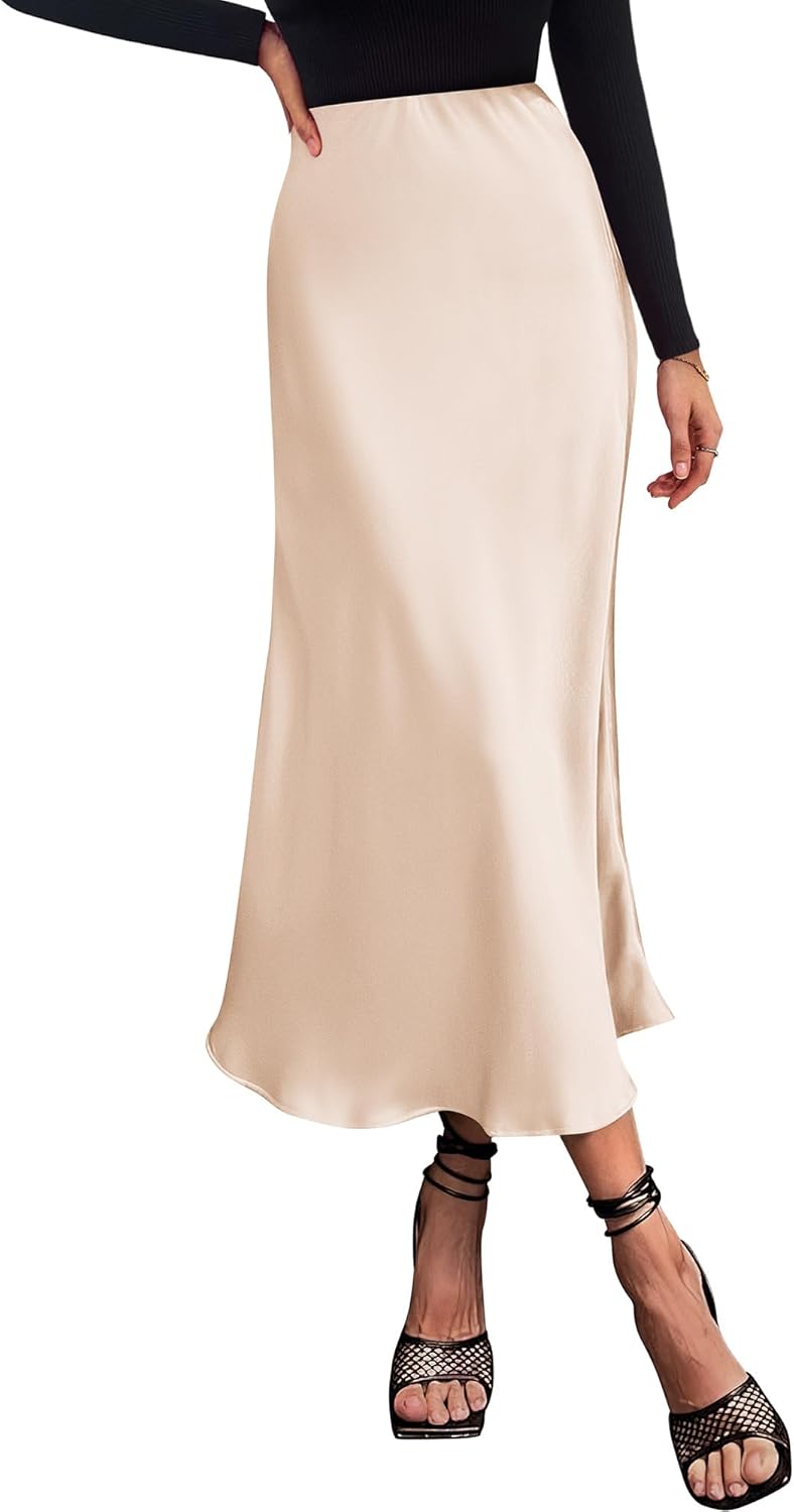 Elegant High Waist Satin Midi Skirt for Women by BTFBM