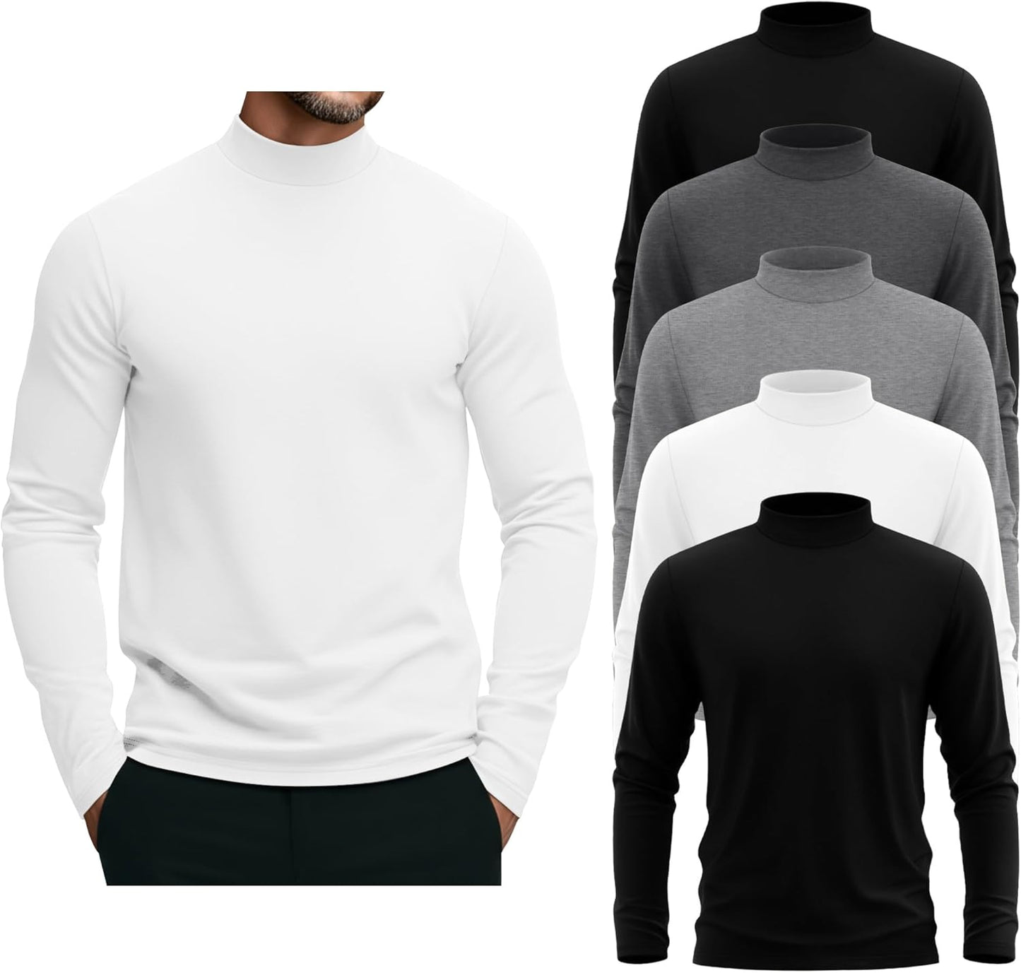 5 Pack Men's Mock Turtleneck Shirts for Casual and Business Wear