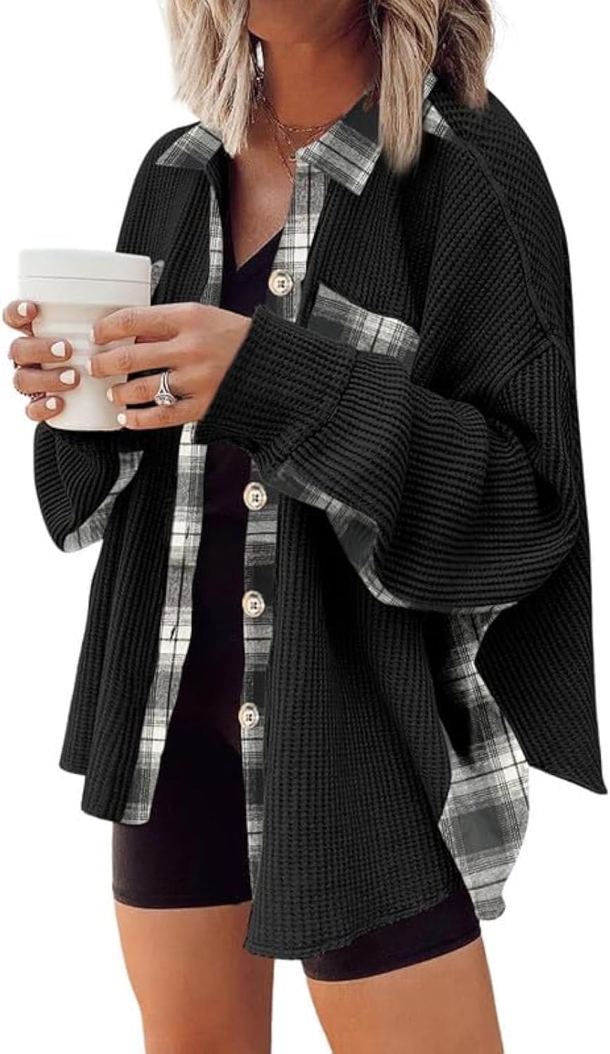 SHEWIN Womens Waffle Knit Plaid Shacket for Stylish Comfort