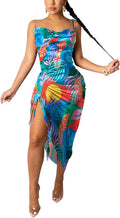 Women's Spaghetti Strap Satin Dress Backless Ruched Split - Elegant