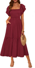 MASCOMODA Womens Summer Midi Dress Square Neck Ruffle - Flattering
