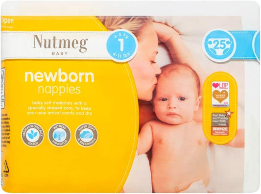 Nutmeg Baby Newborn Size 1 Nappies for 2-5kg/4-11lbs
