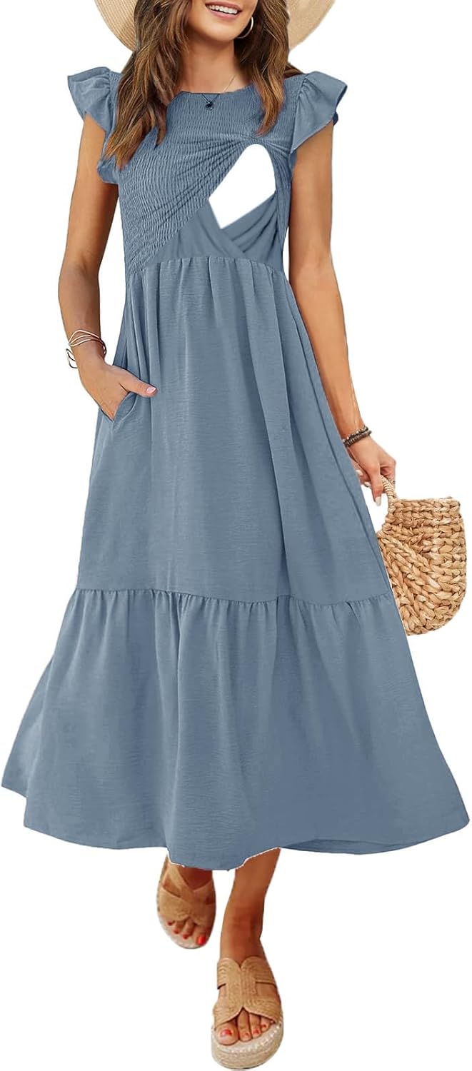 Women's Nursing Dress with Flutter Sleeves and Pockets