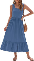 Womens Summer Sleeveless Maxi Dress Square Neck - Flowy Tiered Fit