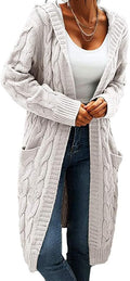 Women Hooded Open Front Cable Knit Cardigan - Chunky Long Sweater