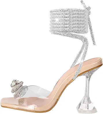 Yolkomo Women's Square Toe Clear Heels with Rhinestone Bow