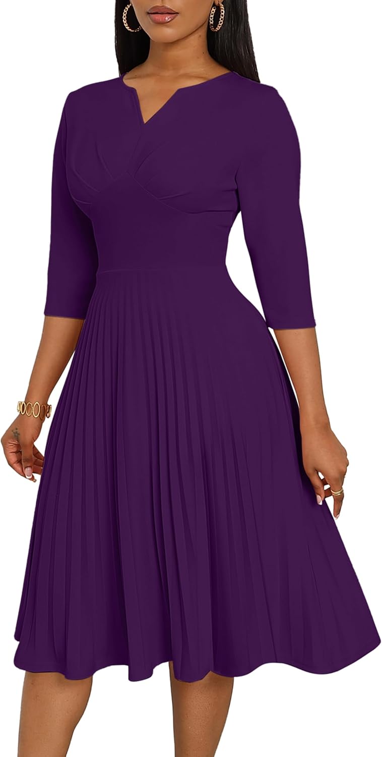 CLOCOR Midi Dresses for Women Casual Wrap Flared Pleated Dress
