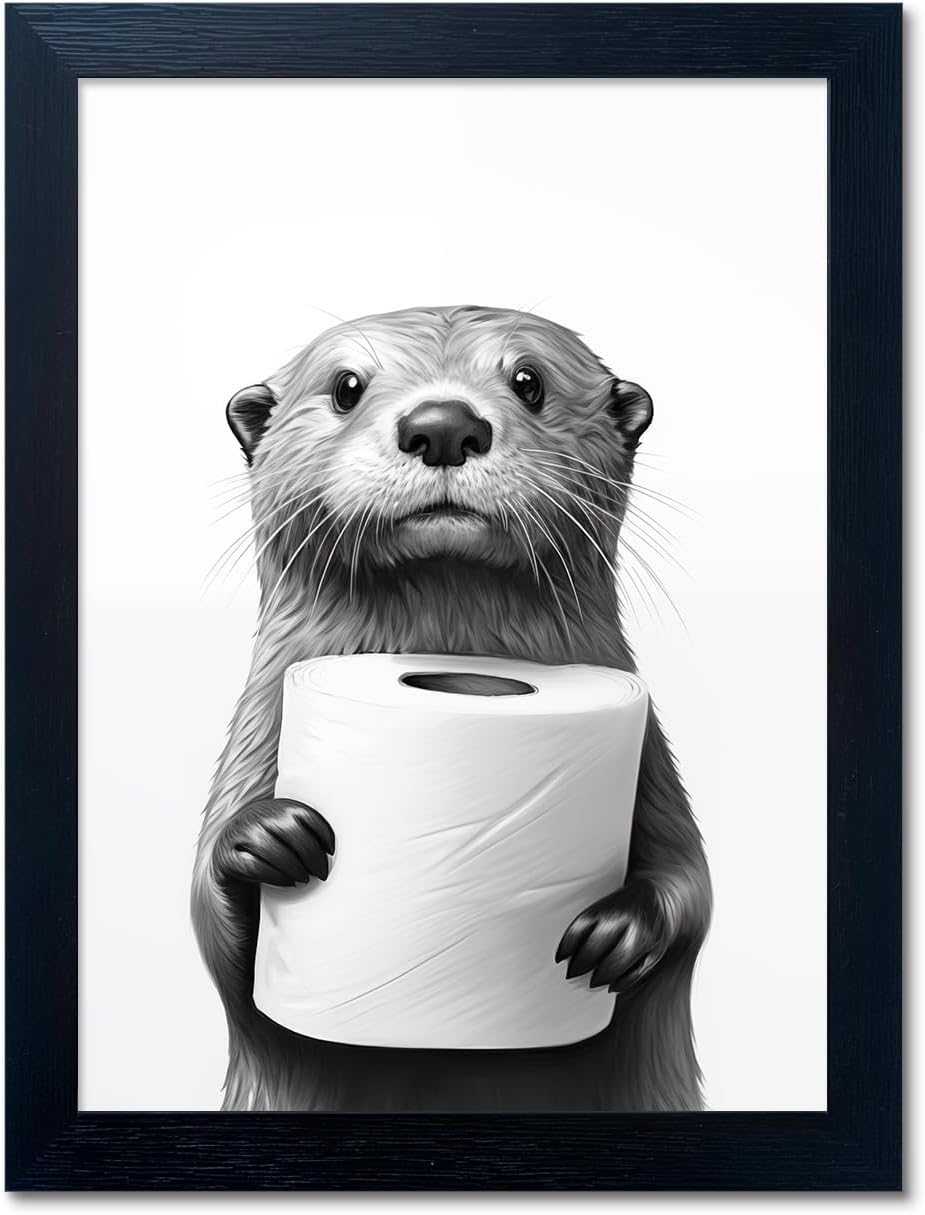 Funny Bathroom Wall Art with Raccoon and Toilet Paper Decor