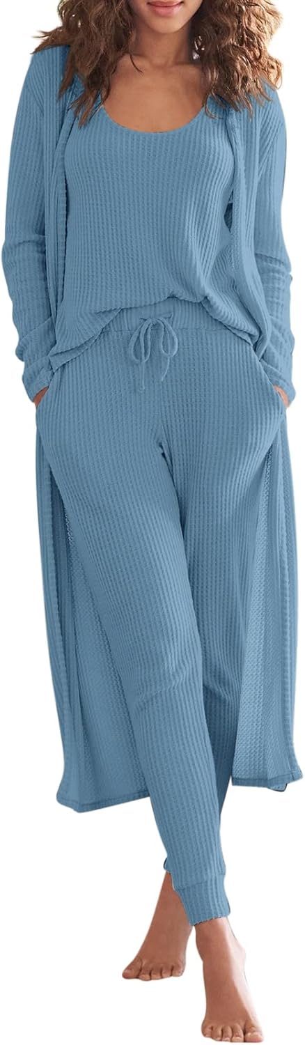 Eurivicy Womens Lounge Set Waffle Knit 3 Piece Pajama Set