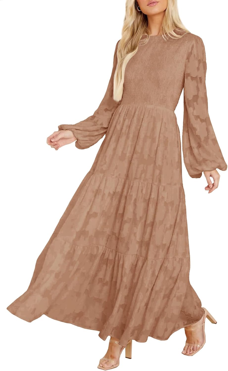 Elegant Floral Long Sleeve Smocked A-Line Maxi Dress for Women