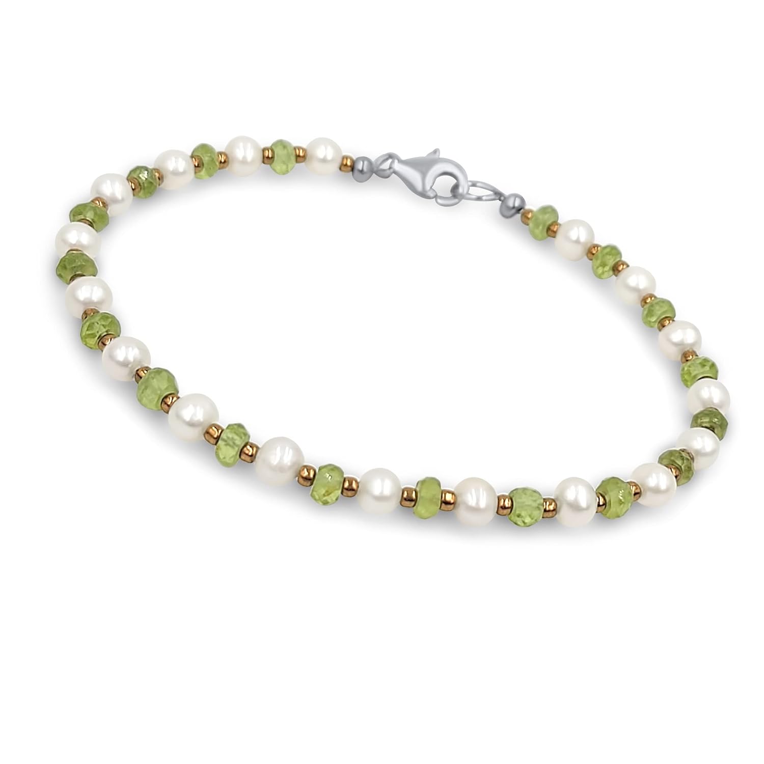 Real Gemstone and Pearl Strand Bracelet with Silver Clasp