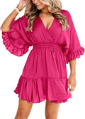Aoysky Womens V Neck Casual Mini Dress - Ruffle Pleated Summer Fit