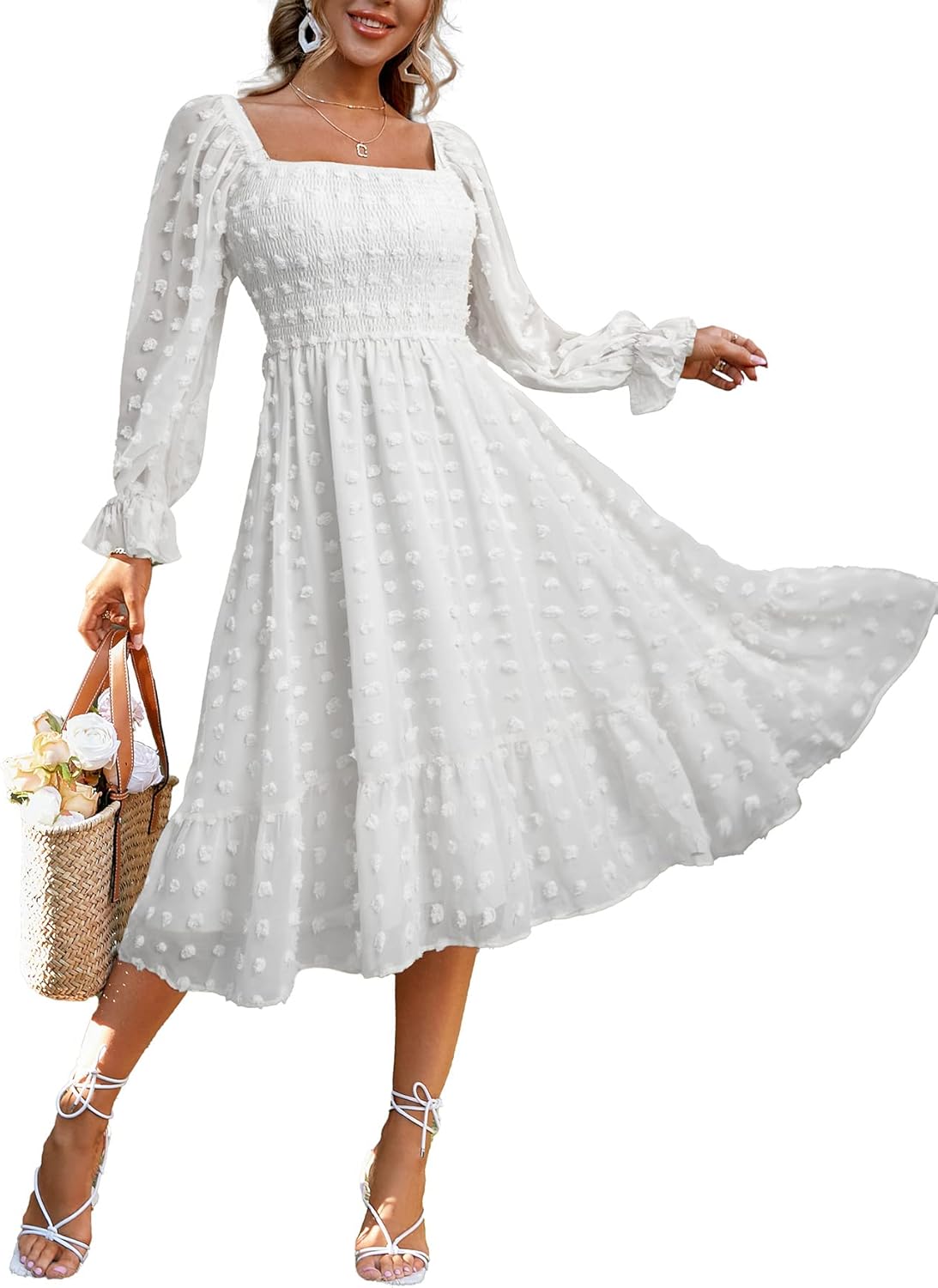 Amegoya Women's Boho Flowy Long Sleeve Square Neck Midi Dress