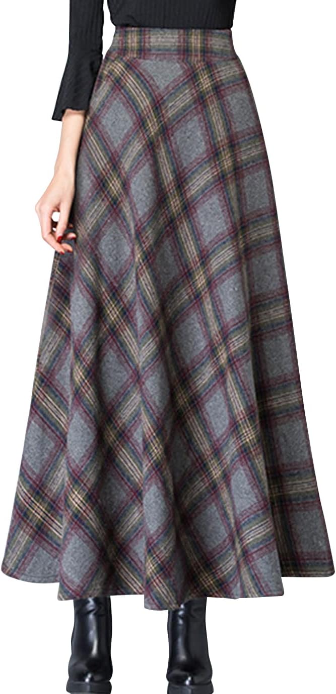 ebossy Women's Vintage High Waist Wool Blend Plaid Maxi Skirt