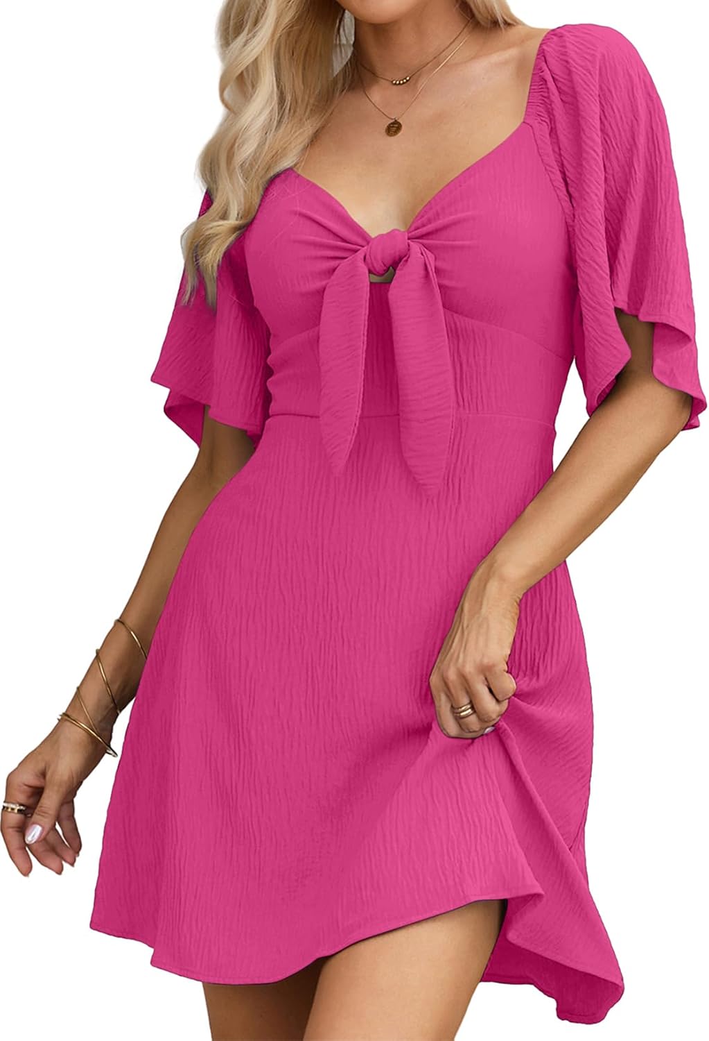 Dokotoo Womens Dresses Deep V Neck Elegant Bow Tie Mini Dress