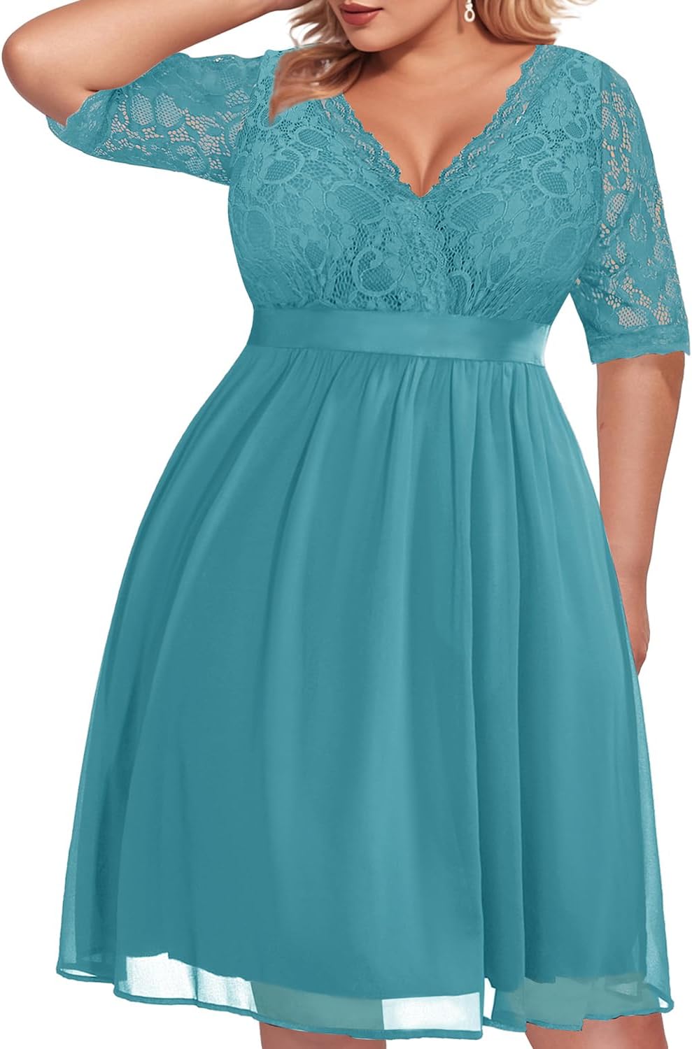 Pinup Fashion Plus Size Lace Chiffon Wrap V Neck Dress