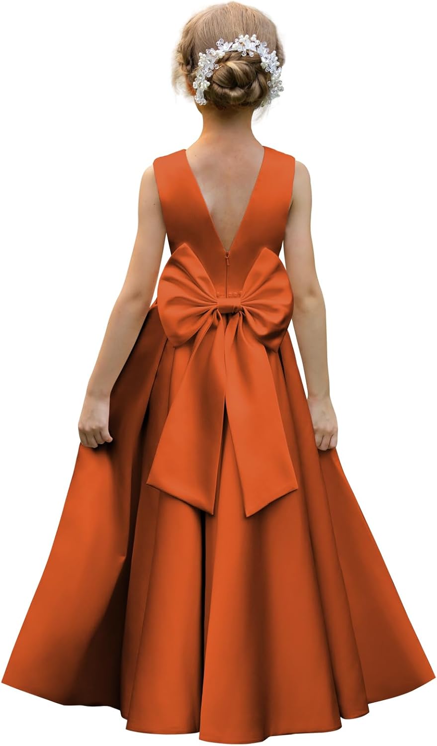 Satin Flower Girl Dresses for Wedding with Bow and Pearls
