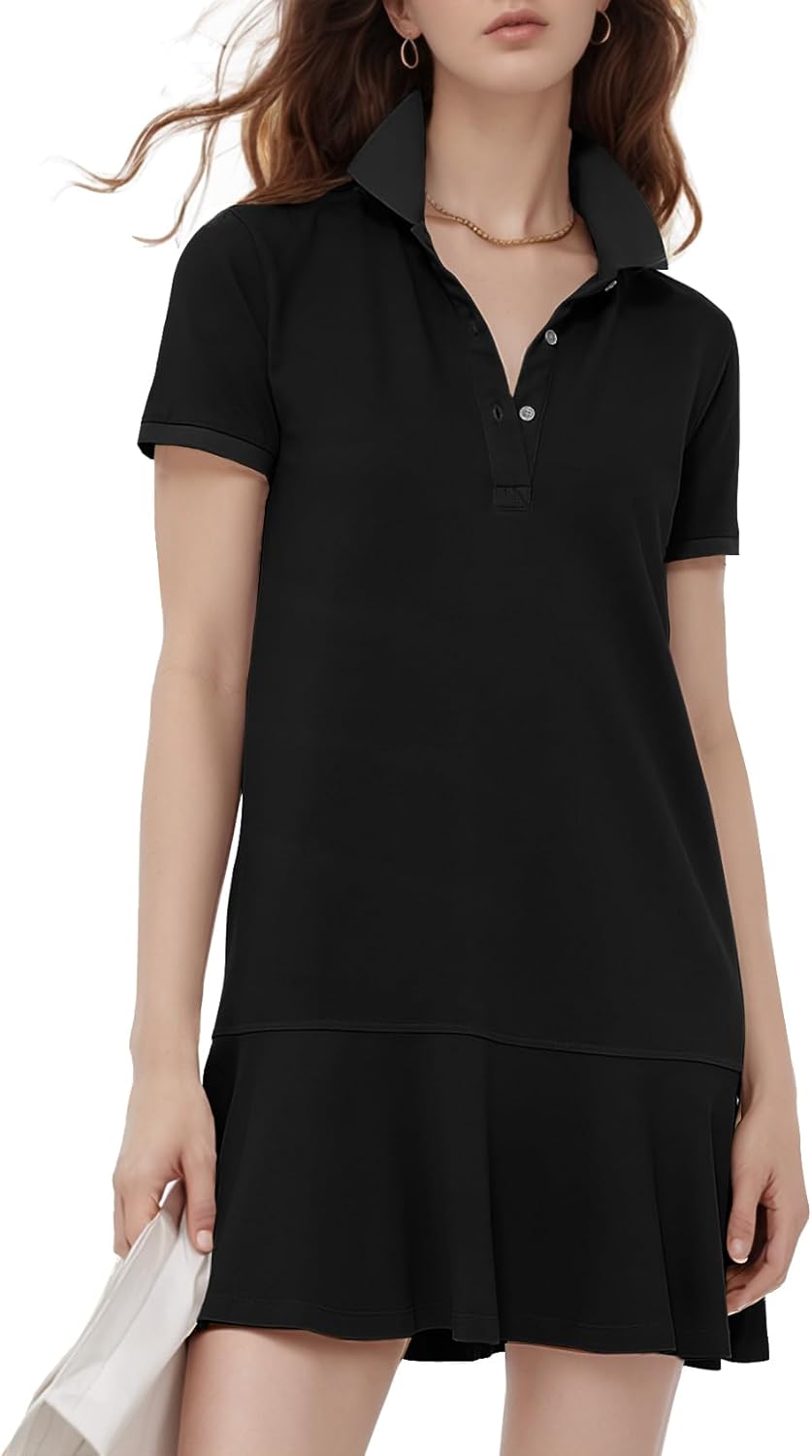 Flygo Womens Polo Dress Short Sleeve Ruffle Golf Tennis Style