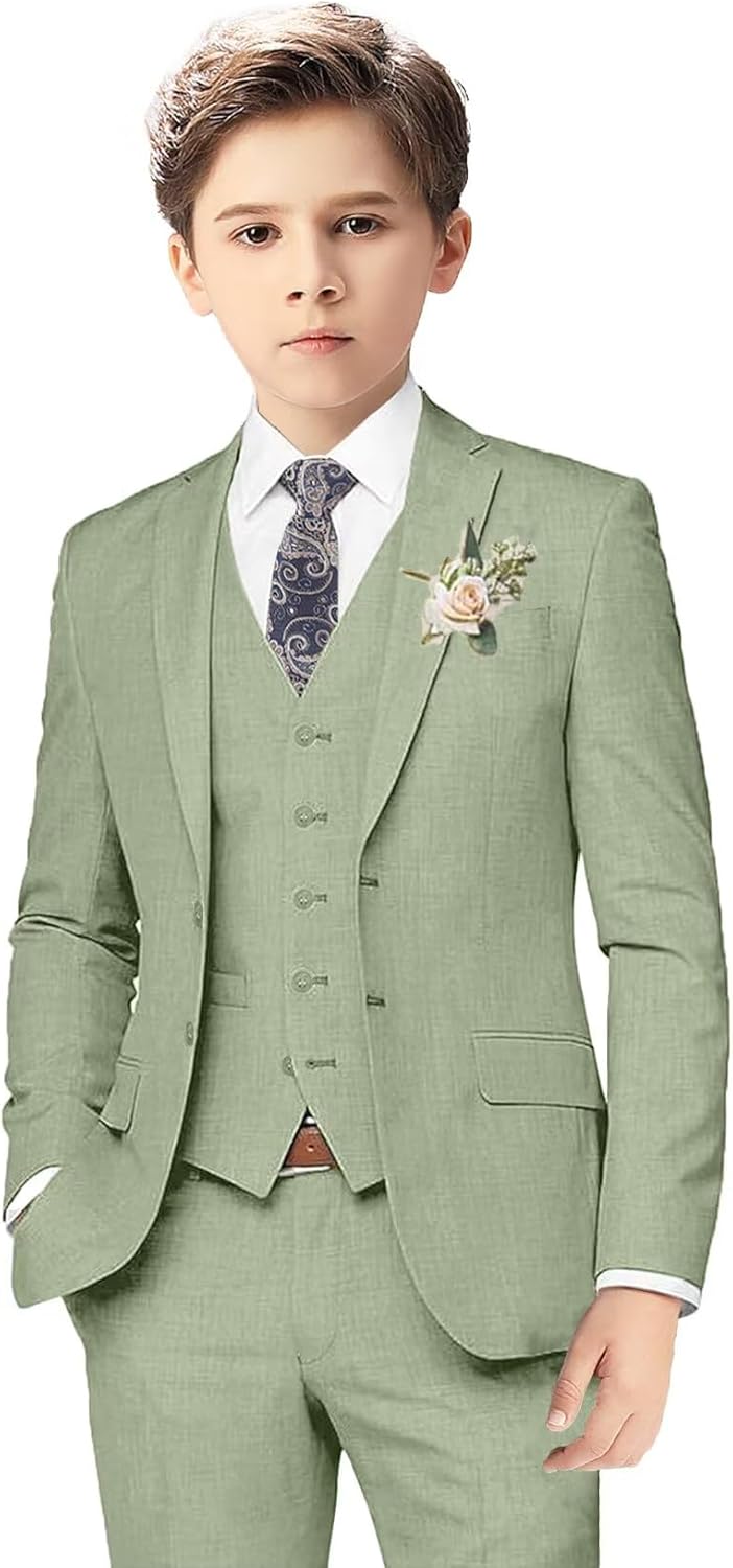 Boys Linen Suits for Kids Summer Slim Fit 3 Piece Outfit