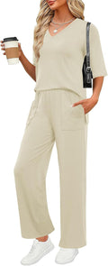 Women's 2 Piece Lounge Pajama Set - VNeck Top & Wide Leg Pants