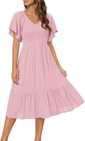 Womens Summer Ruffle Midi Dress Smocked Flutter Sleeve V Neck - Casual