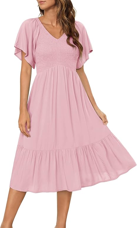 Zattcas Womens Summer Dress Short Flutter Sleeve V Neck Midi