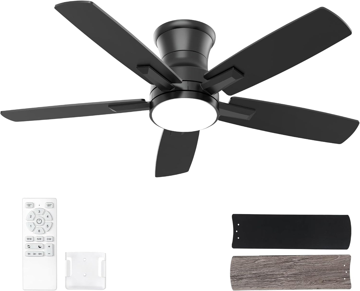 YUHAO 42 Inch Flush Mount Black Ceiling Fan with Light and Remote