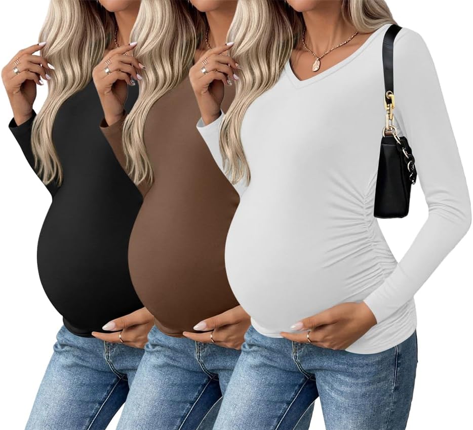 Ekouaer Womens Maternity Shirts Long Sleeve 3 Pack V-Neck Tops