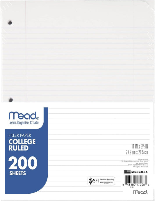 Mead College Ruled Filler Paper - 200 Sheets, 8.5 x 11