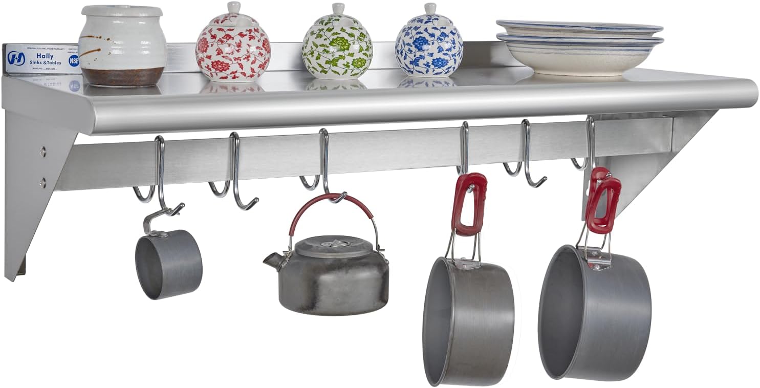 HALLY Stainless Steel Wall Mounted Pot Rack with Hooks for Kitchen