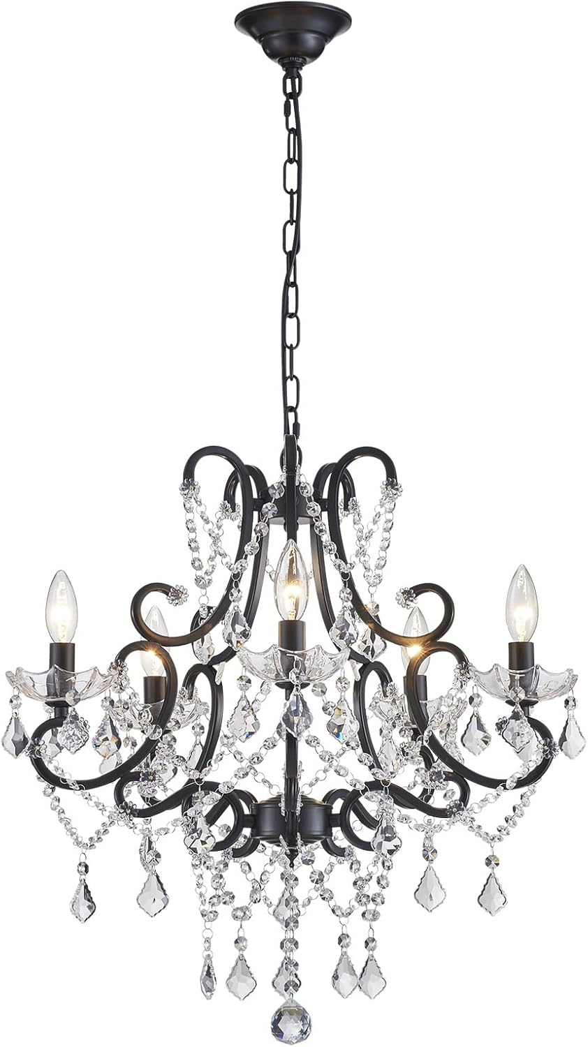 Mini Crystal Chandelier: Elegant 5-Light Black Pendant Fixture